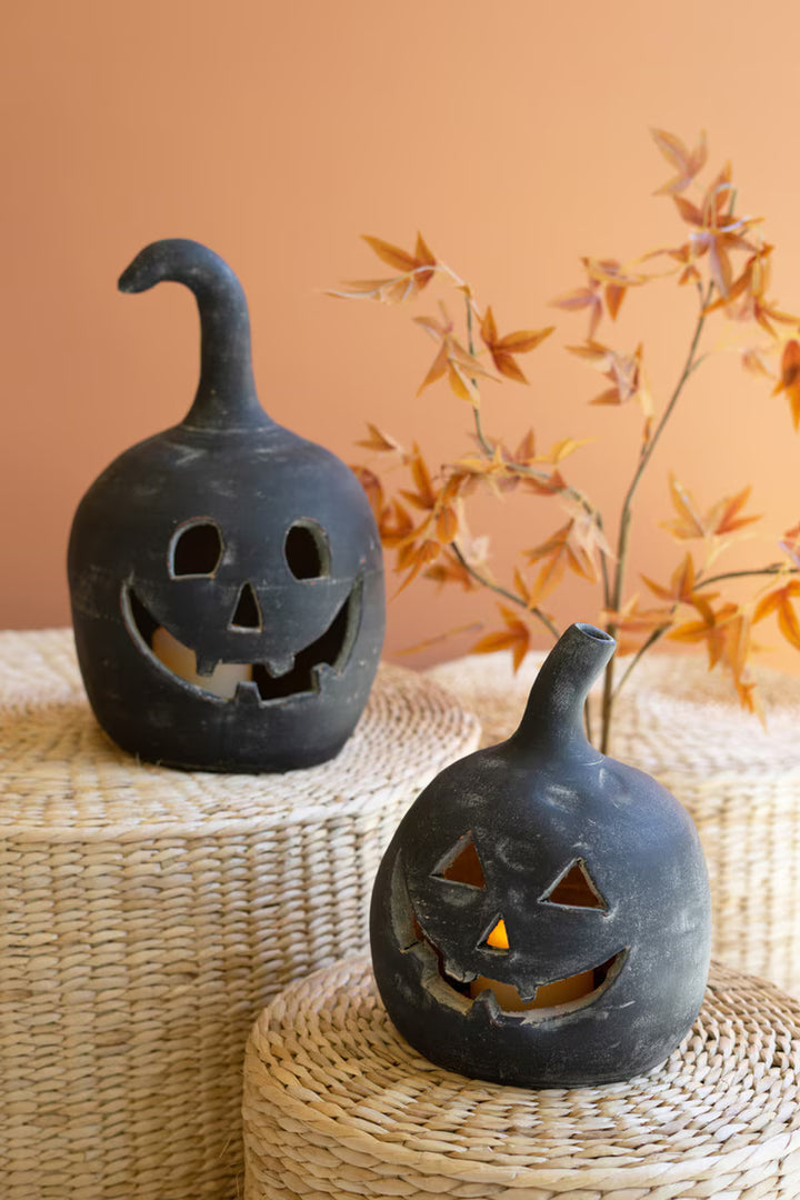 Set of 2 Black Clay Jack-O-Lanterns