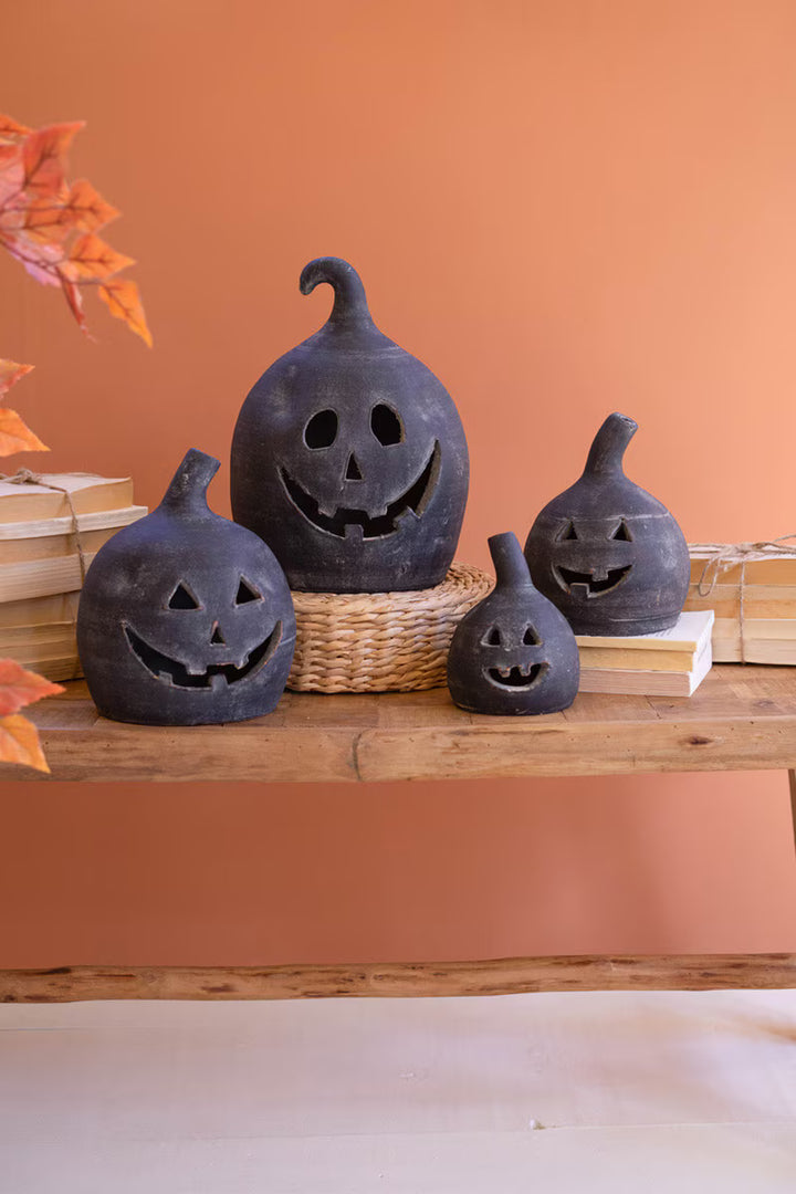 Set of 2 Small Black Clay Jack-O-Lanterns