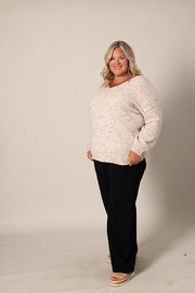 Curvy V NECK SPECKLED KNIT SWEATER OATMEAL