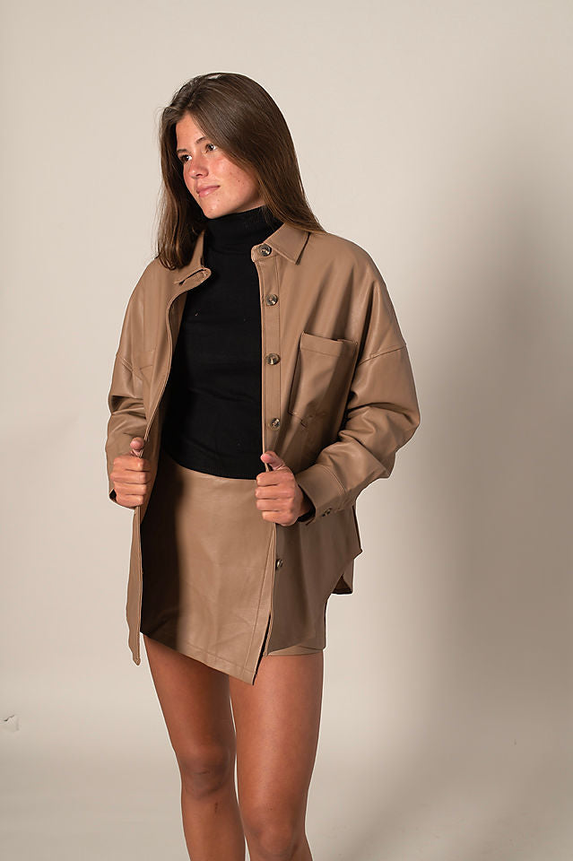 CAMEL FAUX LEATHER BUTTON UP SHACKET