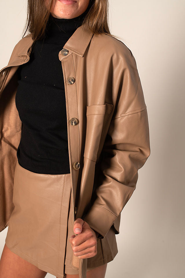 CAMEL FAUX LEATHER BUTTON UP SHACKET