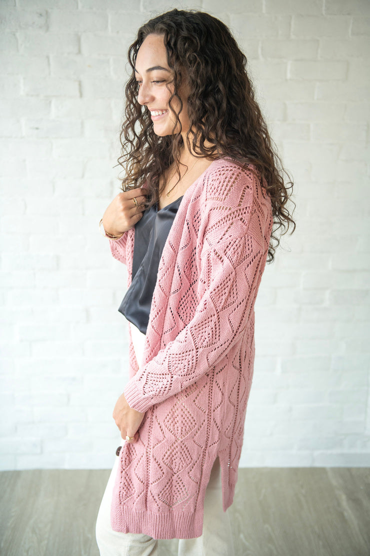 Pink Long Sleeve Button Up Hollowed Cardigan