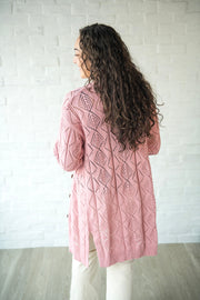 Pink Long Sleeve Button Up Hollowed Cardigan