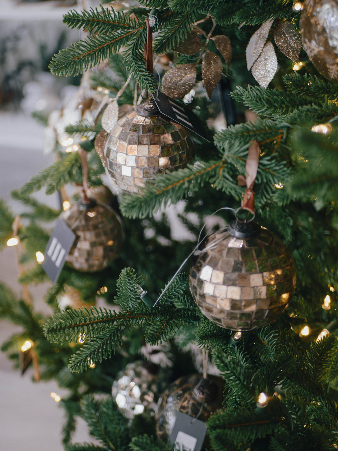 Decorative Christmas tree with disco balls and lights