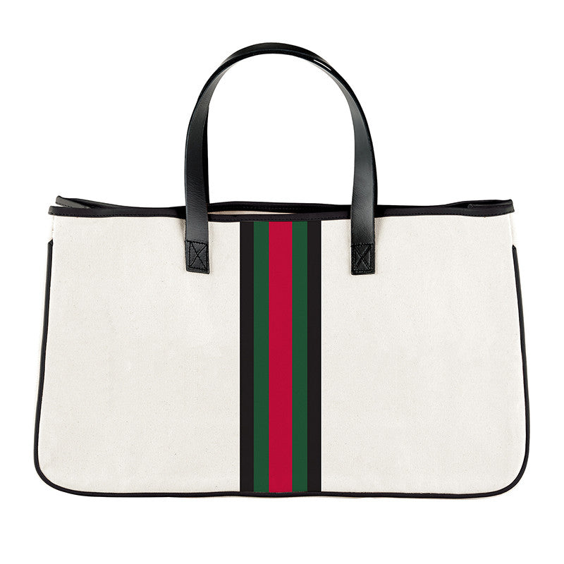 White tote bag with black handles and a red and green striped detail on a white background