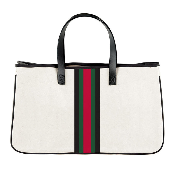 White tote bag with black handles and a red and green striped detail on a white background