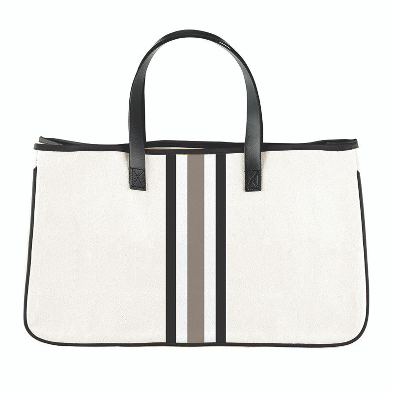 Natural tote bag with black handles and gray stripes on a white background