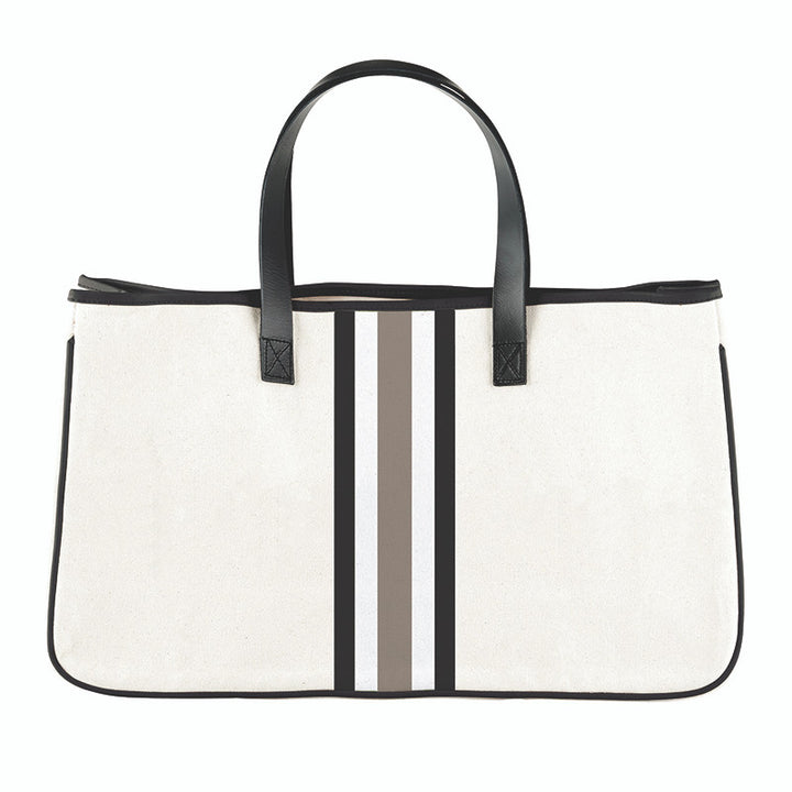 Natural tote bag with black handles and gray stripes on a white background