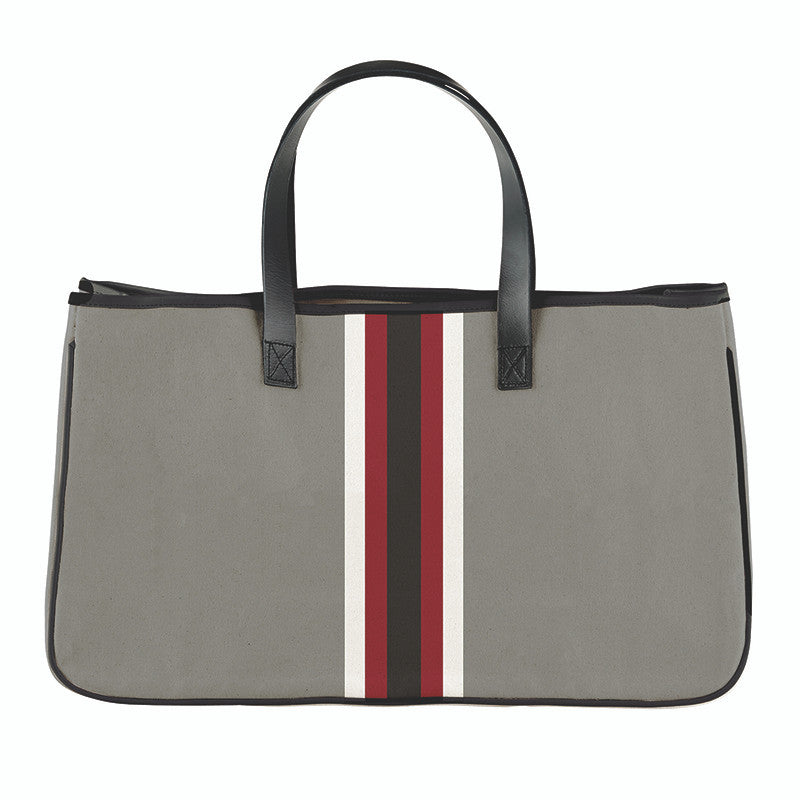 Gray tote bag with black handles and red and white striped pattern on a white background