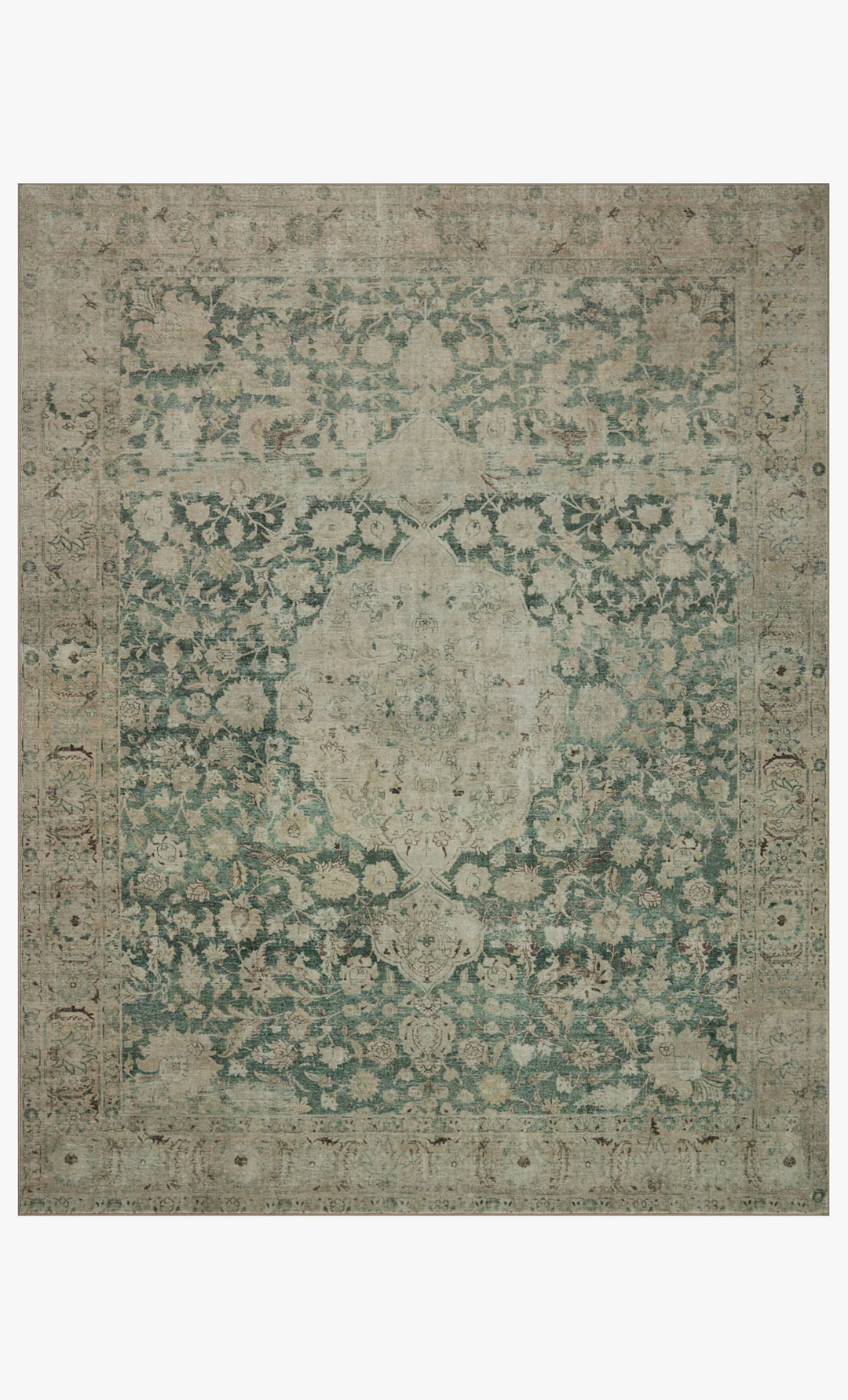 Decorative jade and ivory rug with intricate pattern 
