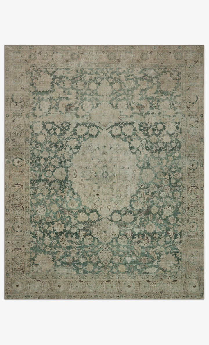 Decorative jade and ivory rug with intricate pattern 