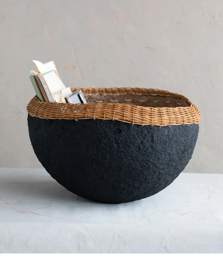 Decorative Handmade Paper Mache Bowl w/ Wicker Rim (Each One Will Vary)