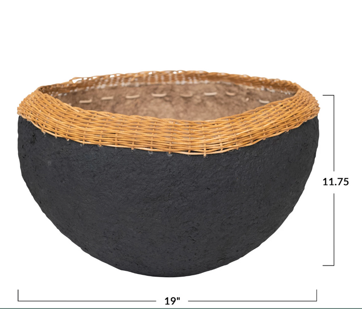Decorative Handmade Paper Mache Bowl w/ Wicker Rim (Each One Will Vary)