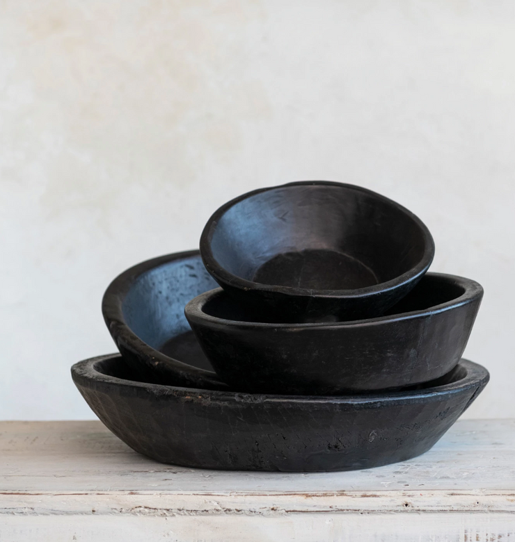 Round Decorative Reclaimed Wood Vintage Reproduction Bowls, Black