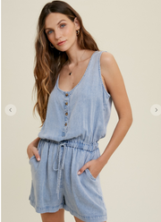WASHED TENCEL BUTTON-UP TANK ROMPER WITH DRAWSTRING