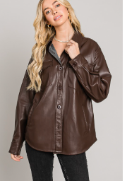 Chocolate Soft Pleather Button Front Shacket