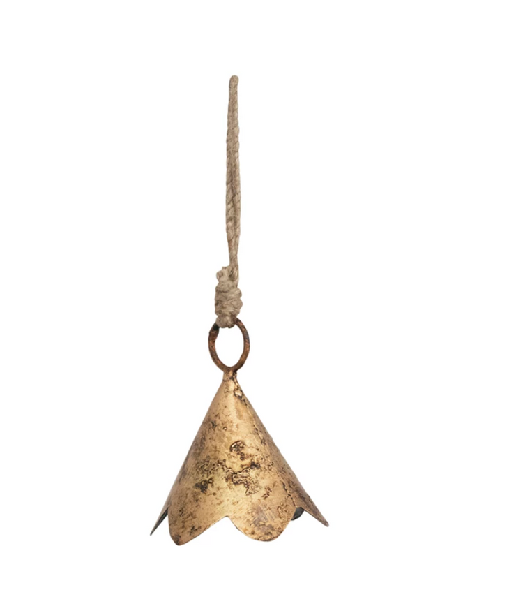 5-1/2"H Metal Bell Ornament, Heavily Distressed Brass Finish
