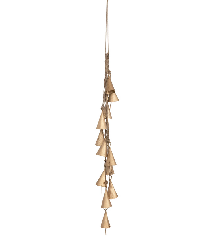 12-1/2"H Hanging Metal Bell Cluster with Jute Rope, Antique Brass Finish