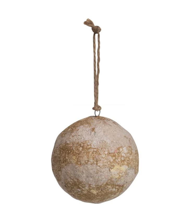 4" Round Handmade Paper Mache Ball Ornament, Distressed Cream Color & Gold Finish