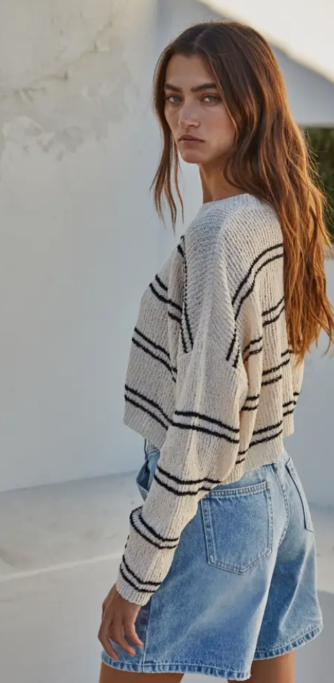 Cream Double Stripe Crop Sweater