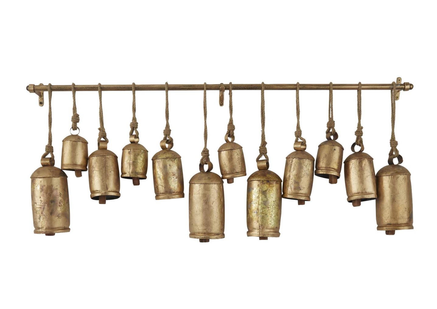 Gold Metal Tibetan Inspired Decorative Cow Bells with 12 Bells on Jute Hanging Ropes and Rod