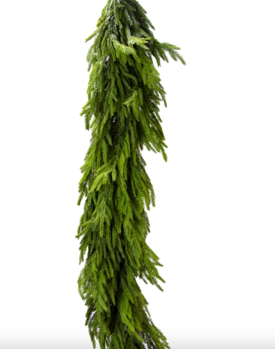 A 73-inch Norfolk garland, predominantly green in color, designed for use as holiday decor.