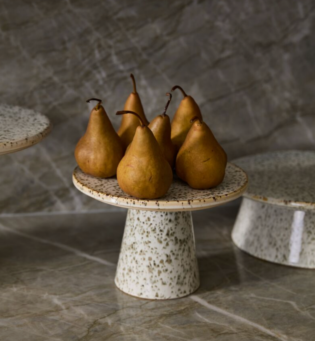 medium height cake plate white with speckles