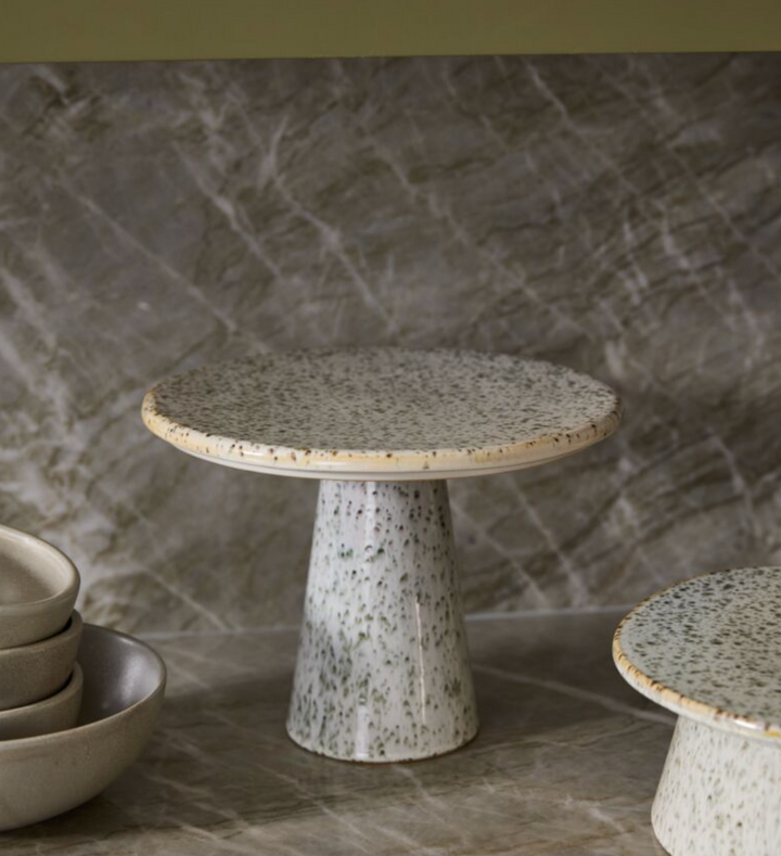 tall cake plate white with speckles