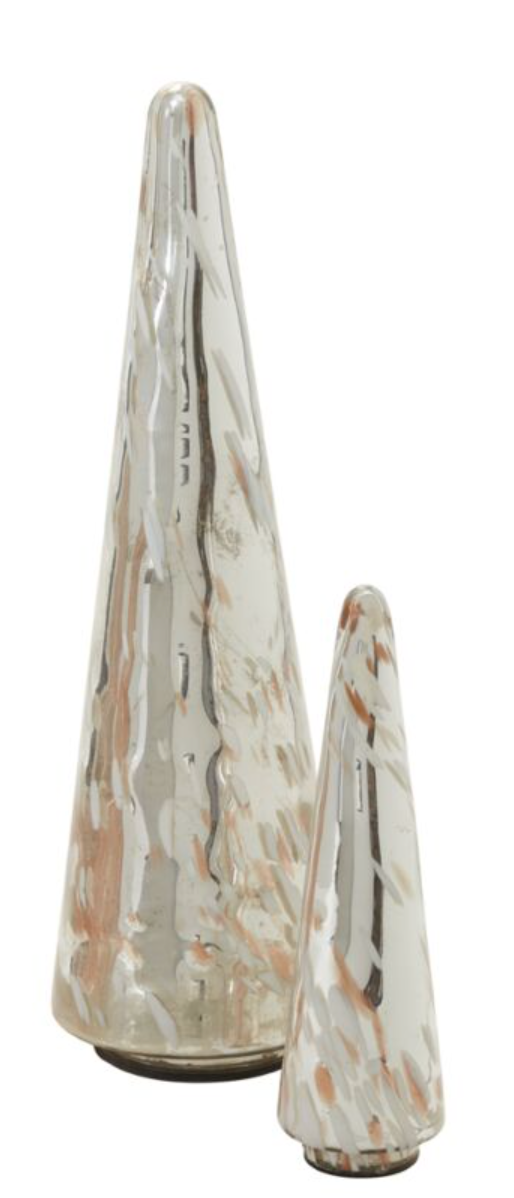 Two conical glass Christmas trees with a rose gold and silver color, featuring a blend of warm hues and metallic flecks.