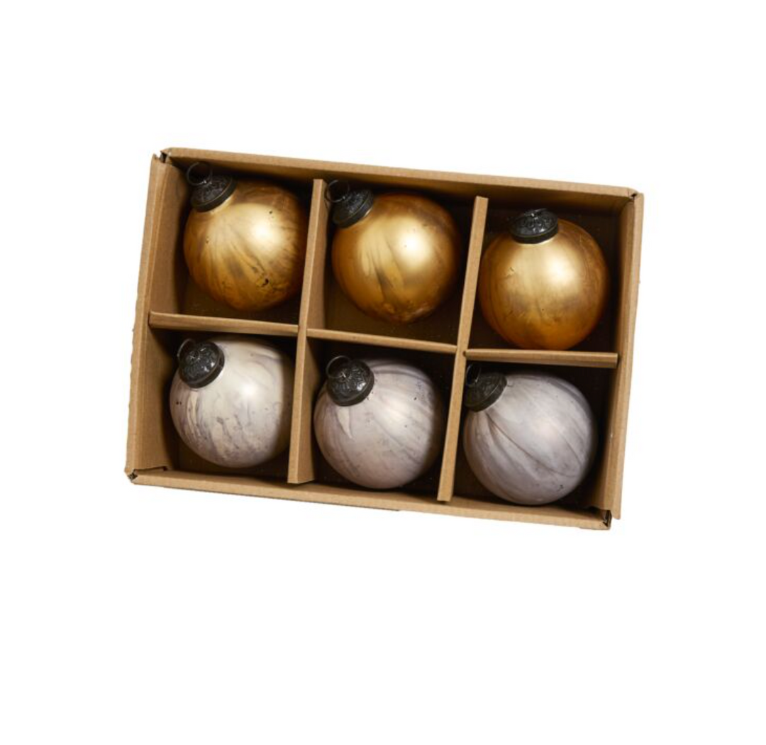 A set of six silver and gold glass sphere Christmas ornaments with dark bronze caps, 