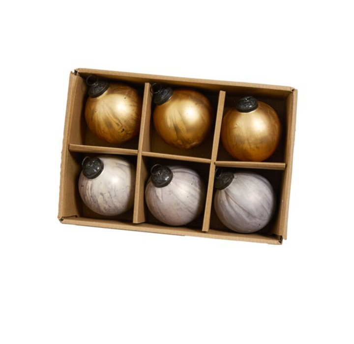 A set of six silver and gold glass sphere Christmas ornaments with dark bronze caps, 