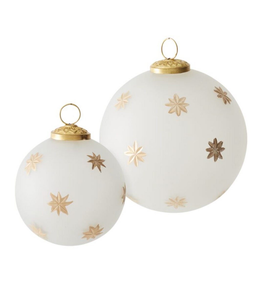 two sizes frosted glass ornament with gold cap and loop and painted gold starbursts