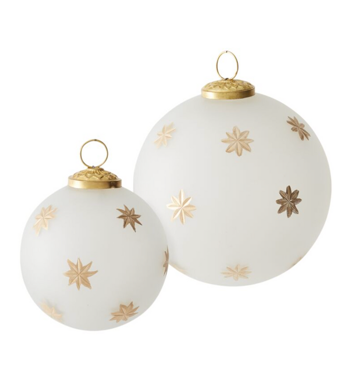 two sizes frosted glass ornament with gold cap and loop and painted gold starbursts