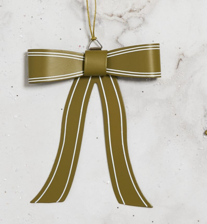 gold and white striped metal bow ornament