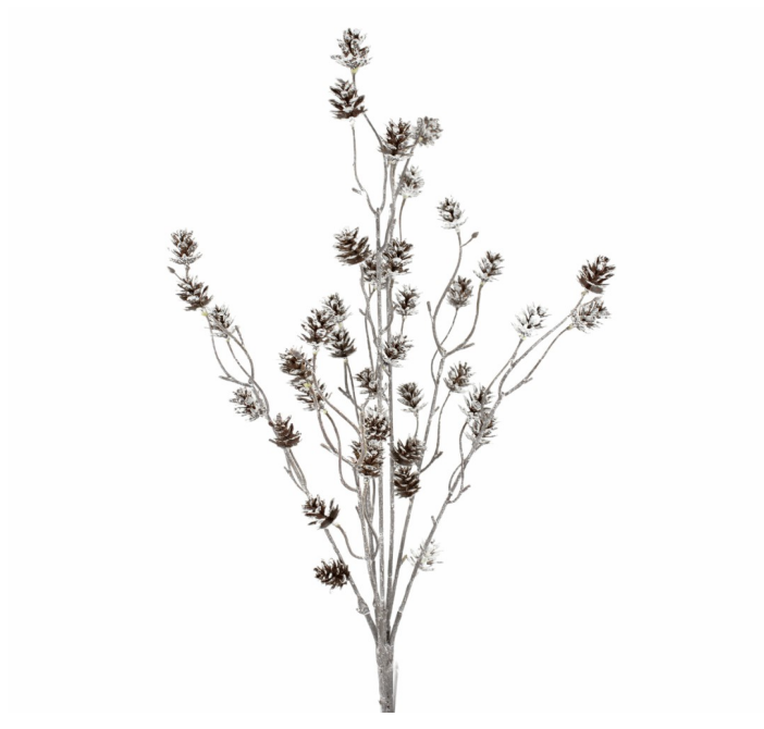 Artificial white wash pinecone branch with a small bush stem, featuring silver and white pinecones.