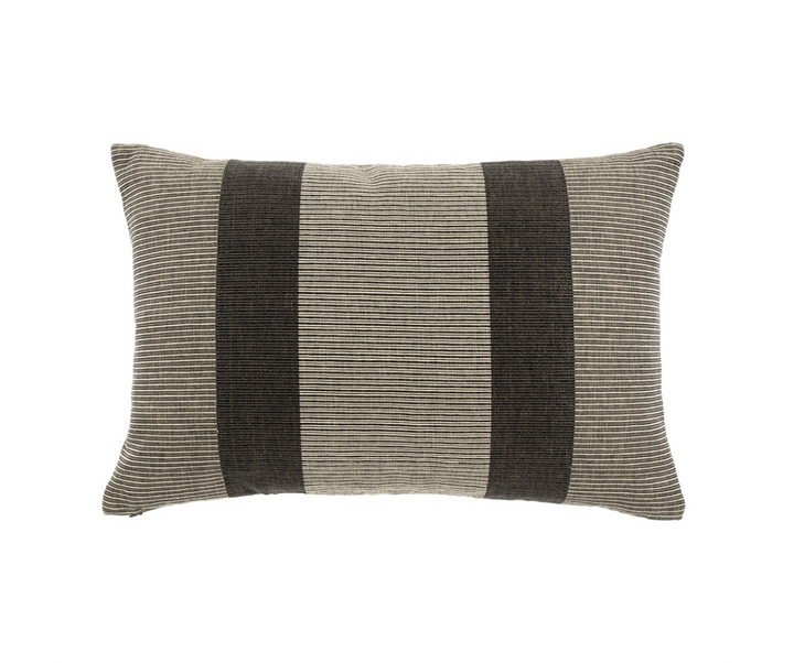 A rectangular throw pillow with a striped pattern in beige and brown colors.