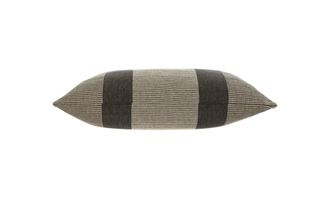 side view of grey striped pillow 