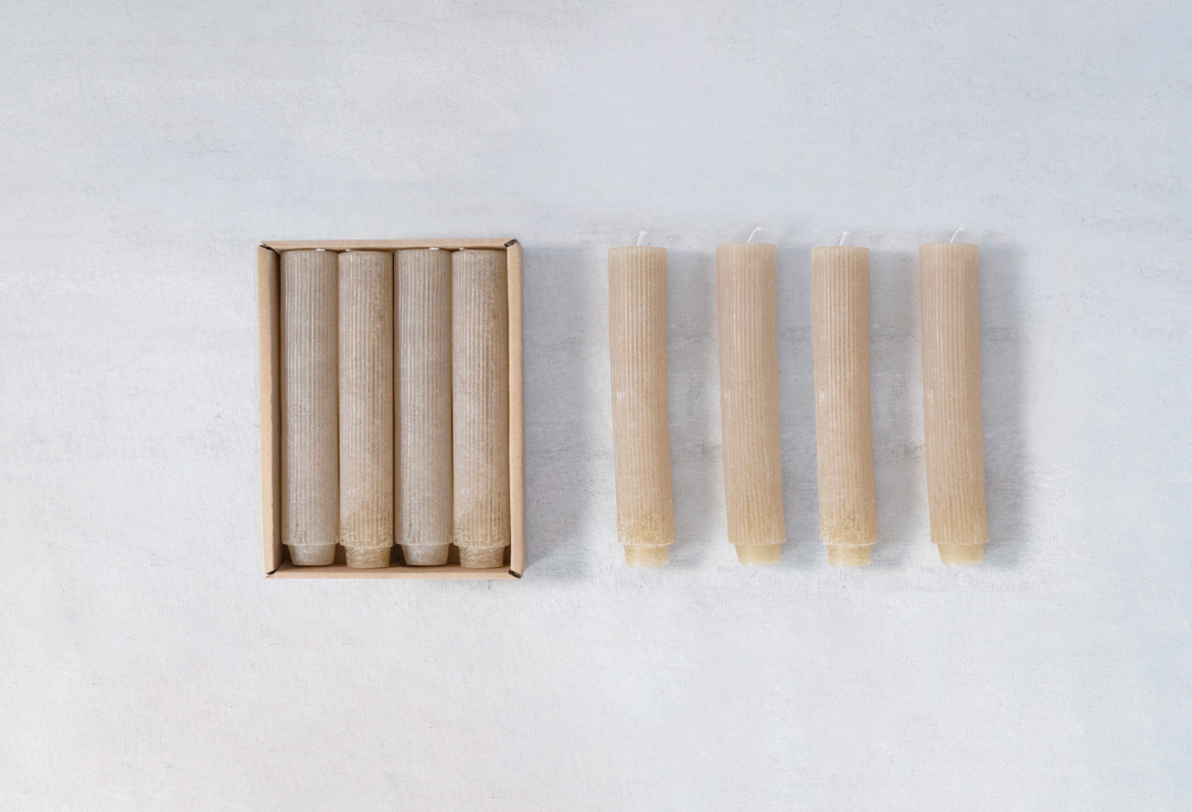 Set of taupe candles with a box 