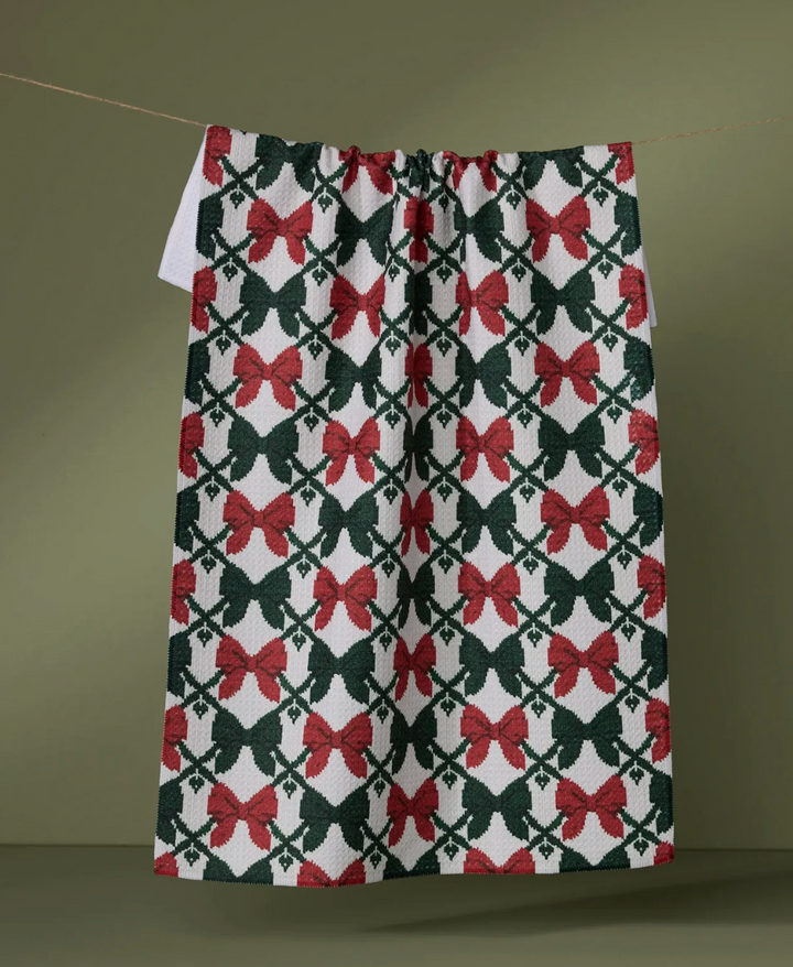 Patterned fabric with red and green bows 