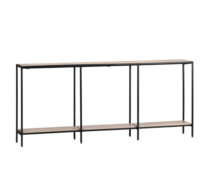 Console table with metal frame and wooden shelves