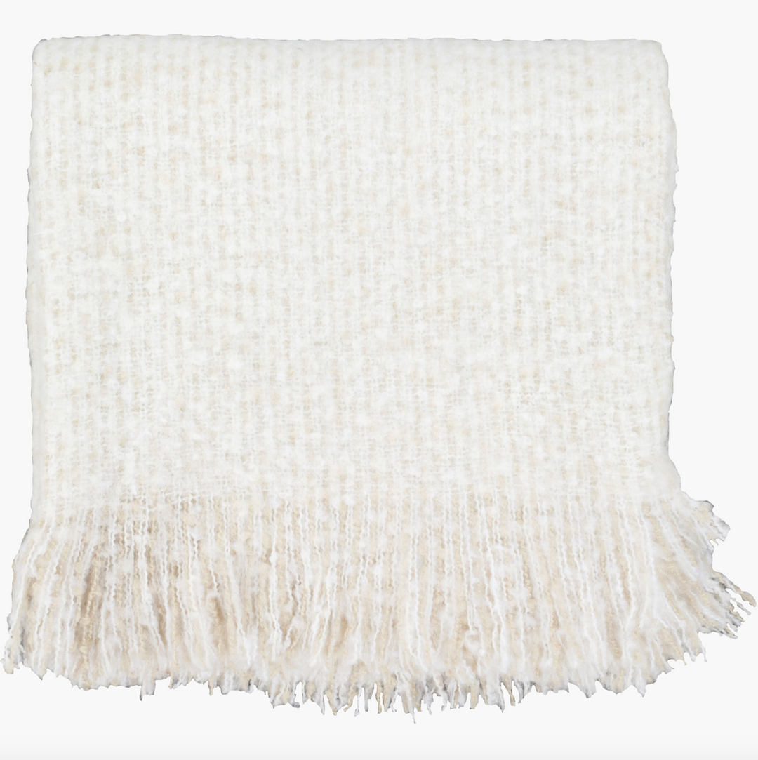 White knitted throw blanket with fringe on a white background