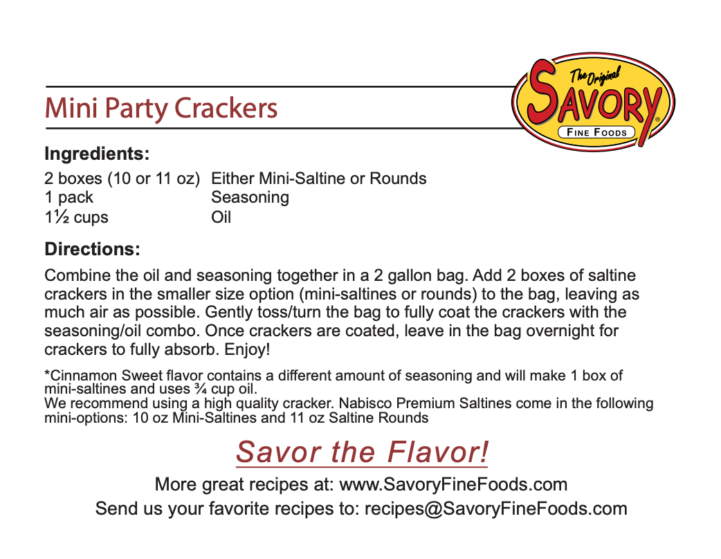 Recipe card for Mini Party Crackers with Savory Fine Foods logo