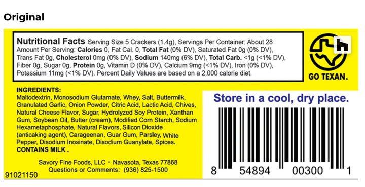 Nutritional label and ingredient list for crackers with a yellow background and black text.