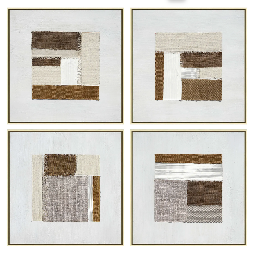 Four framed abstract art pieces with brown and beige color scheme on a white background