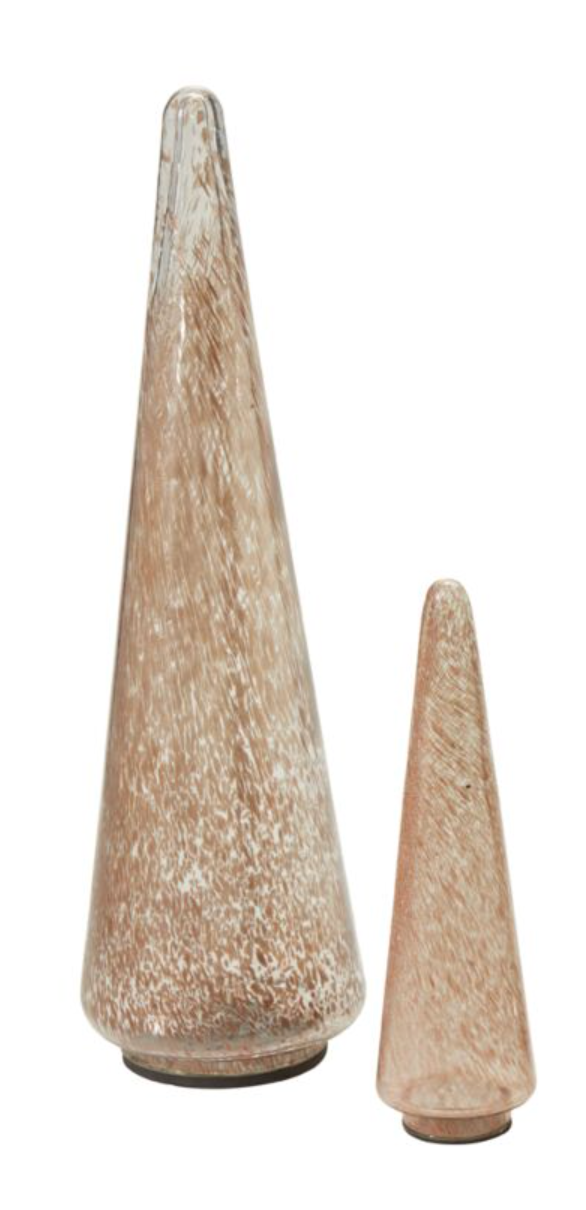 Two rose gold conical glass Christmas trees of different sizes with a reflective surface.