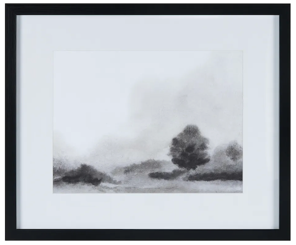 Framed black and white landscape print with trees and misty sky.