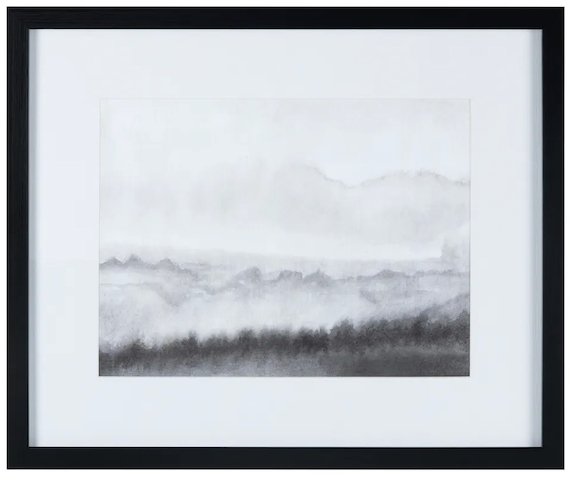 Framed black and white abstract landscape art on a white background