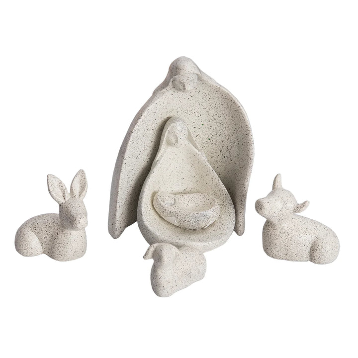resin nativity with mary, joseph, baby Jesus, and 3 barn animals