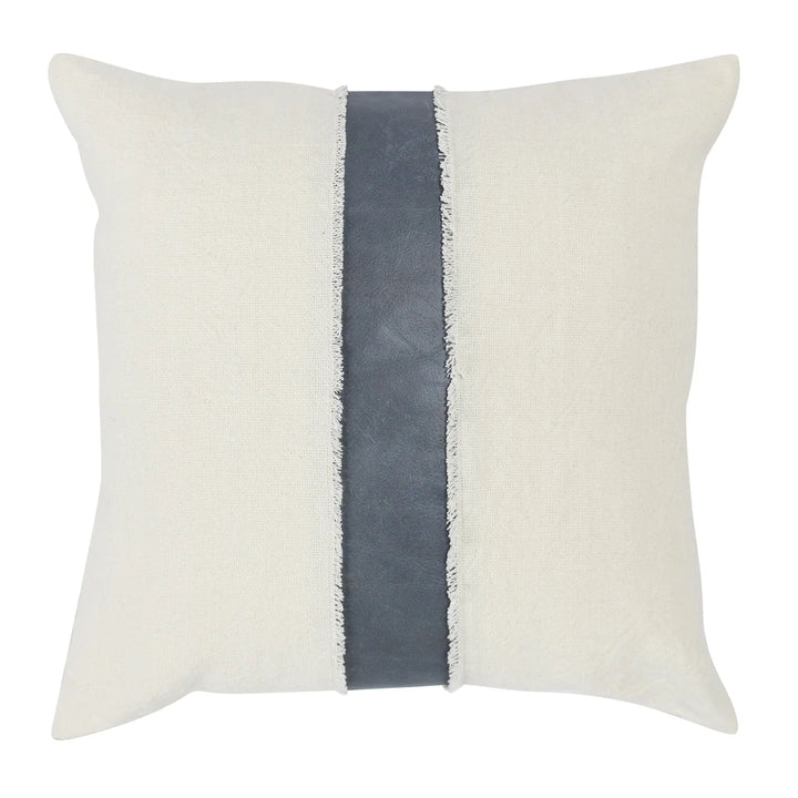 ivory woven throw pillow with blue leather stripe
