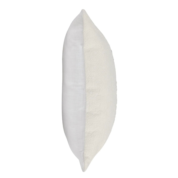 ivory woven throw pillow with blue leather stripe
